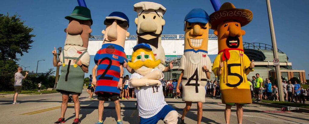 Milwaukee Brewers Racing Sausages Mascot Costumes With Bernie Brewer