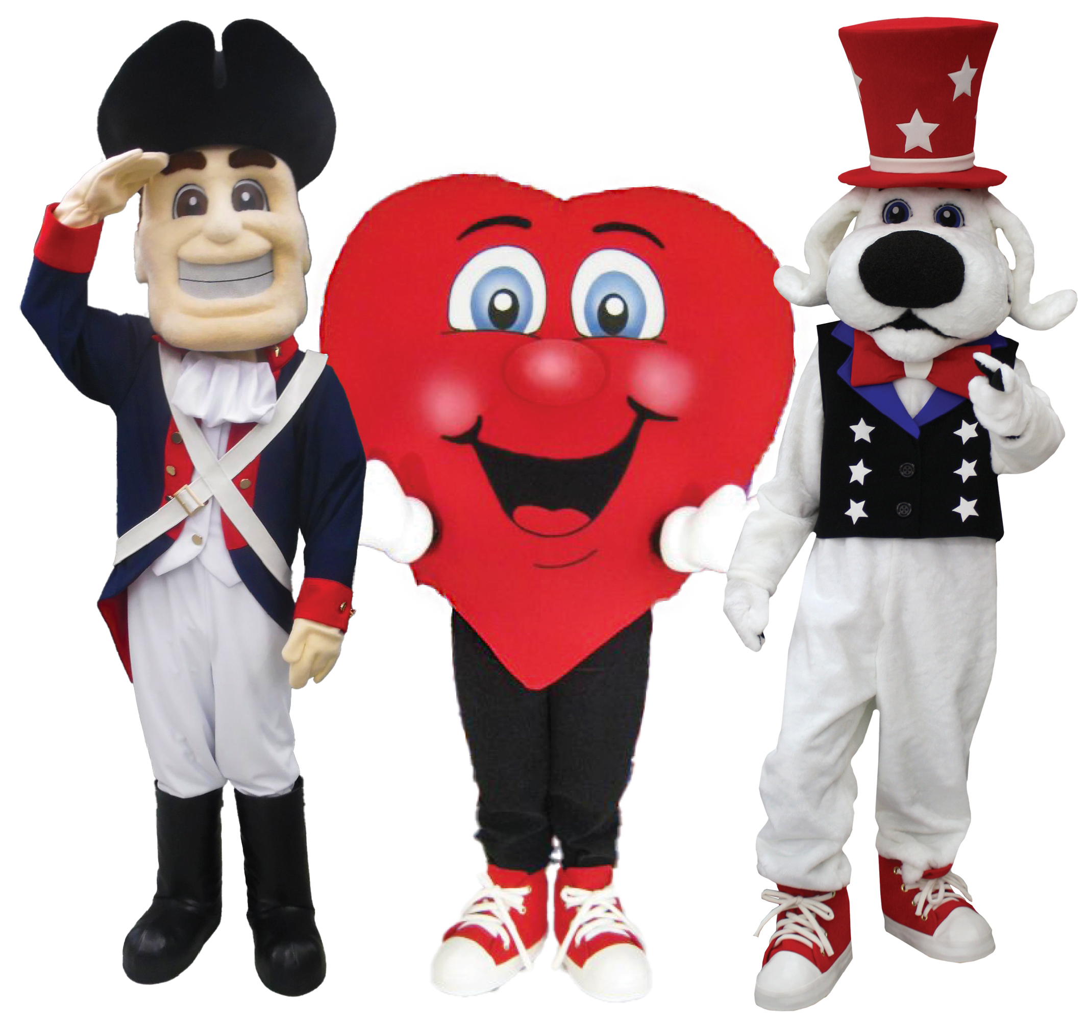 A row of three mascots standing together. On the left is a Rebel Mascot, in the middle is a heart mascot from the American Heart Association, and on the right is a Patriot Dog Mascot.