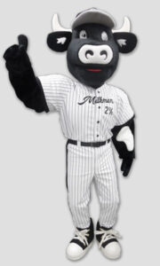 Sports Mascots cow wearing baseball uniform