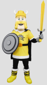 School mascot norseman with shield and sword