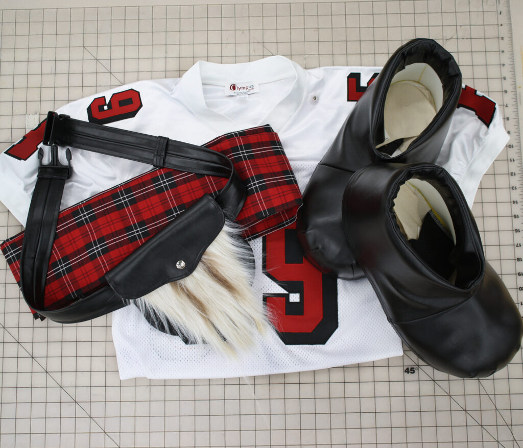 A custom mascot costume that includes a custom jersey, purse and boots.