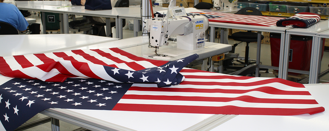 U.S.A flag being made in the Olympus Production room.