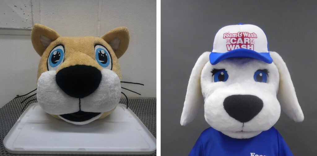 Comparison photo of old mascot vs new mascot. On the left is a generic cheap mascot head with no customization. On the right is a custom mascot head that uses Pantone colors and a custom hat that is unique to that mascot and their company.