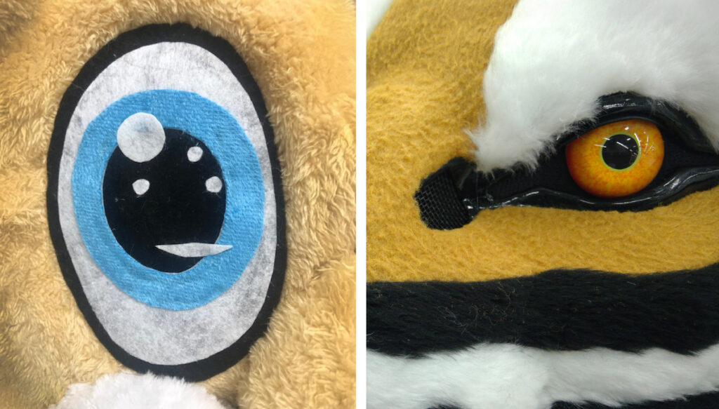 Side by side photo of a cheap mascot eye and a custom mascot eye. The mascot eyes on the left are made from felt, which lack detail and can fall apart easily. In contrast, the custom mascot on the right uses durable materials that create long-lasting, high-quality, and detailed eyes.
