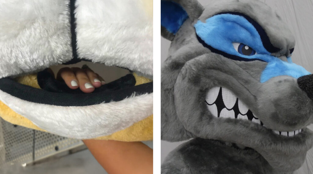 Comparison of an cheap and custom mascot. On the left is a mascot made with cheaper materials, featuring a poor vision screen that limits the performer’s visibility and an exposed interior. On the right is a custom-made mascot with a high-quality, well-hidden vision screen that offers clear sight for the performer.