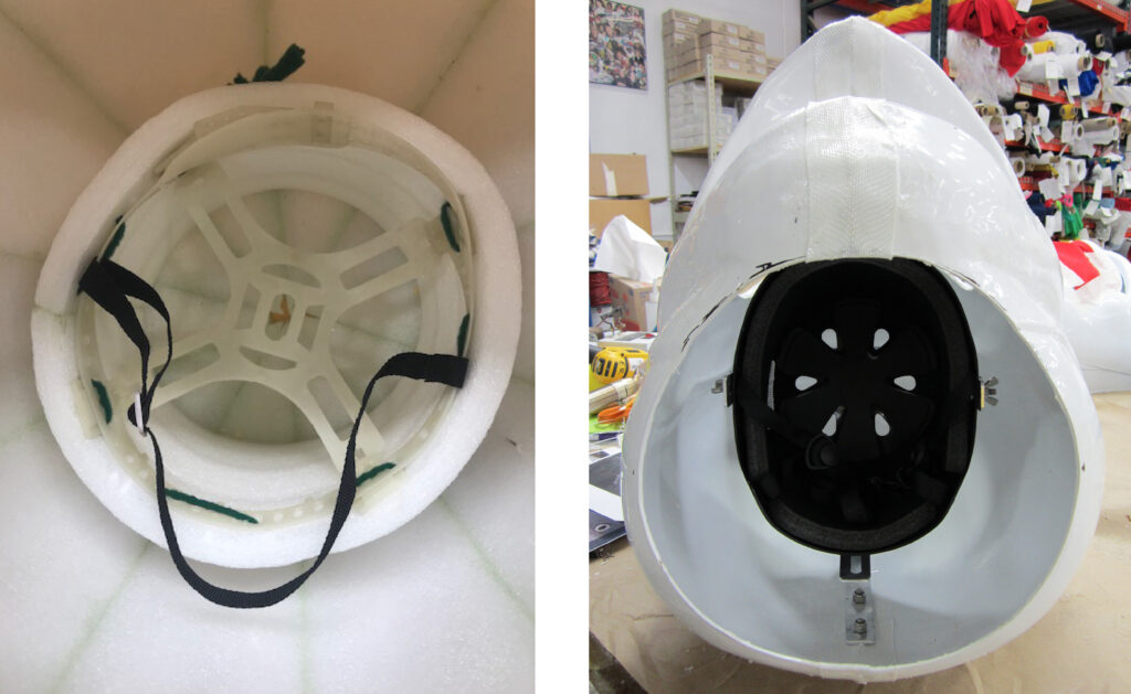 Cheap vs Custom Mascot Head Interior. The inside of the pictured mascot to the left was is made out of Styrofoam and includes no chinstrap. On the right is a ABS Plastic head that is durable with a helmet for your mascot performer.