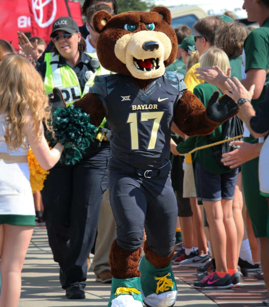 Baylor University Bear Mascot in a football uniform