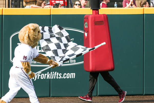 Missippippi State Mascot Racing Cowbells crossing the finish line