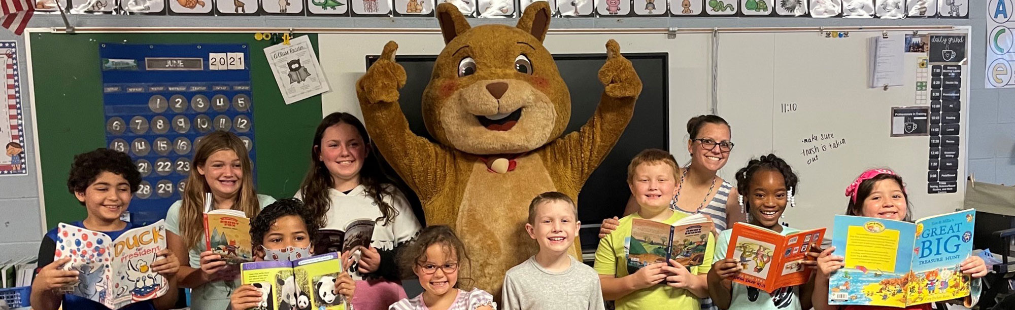 mascot with classroom of children