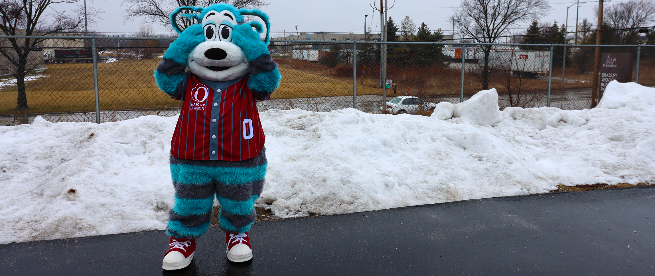 A Mascot in front of a snow bank.