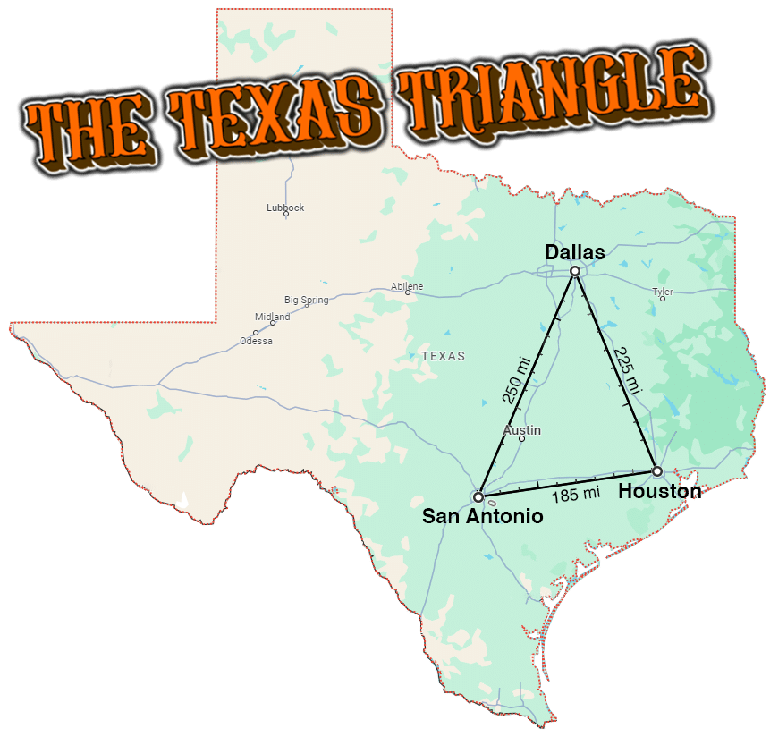 The Texas Triangle, text over a map of Texas