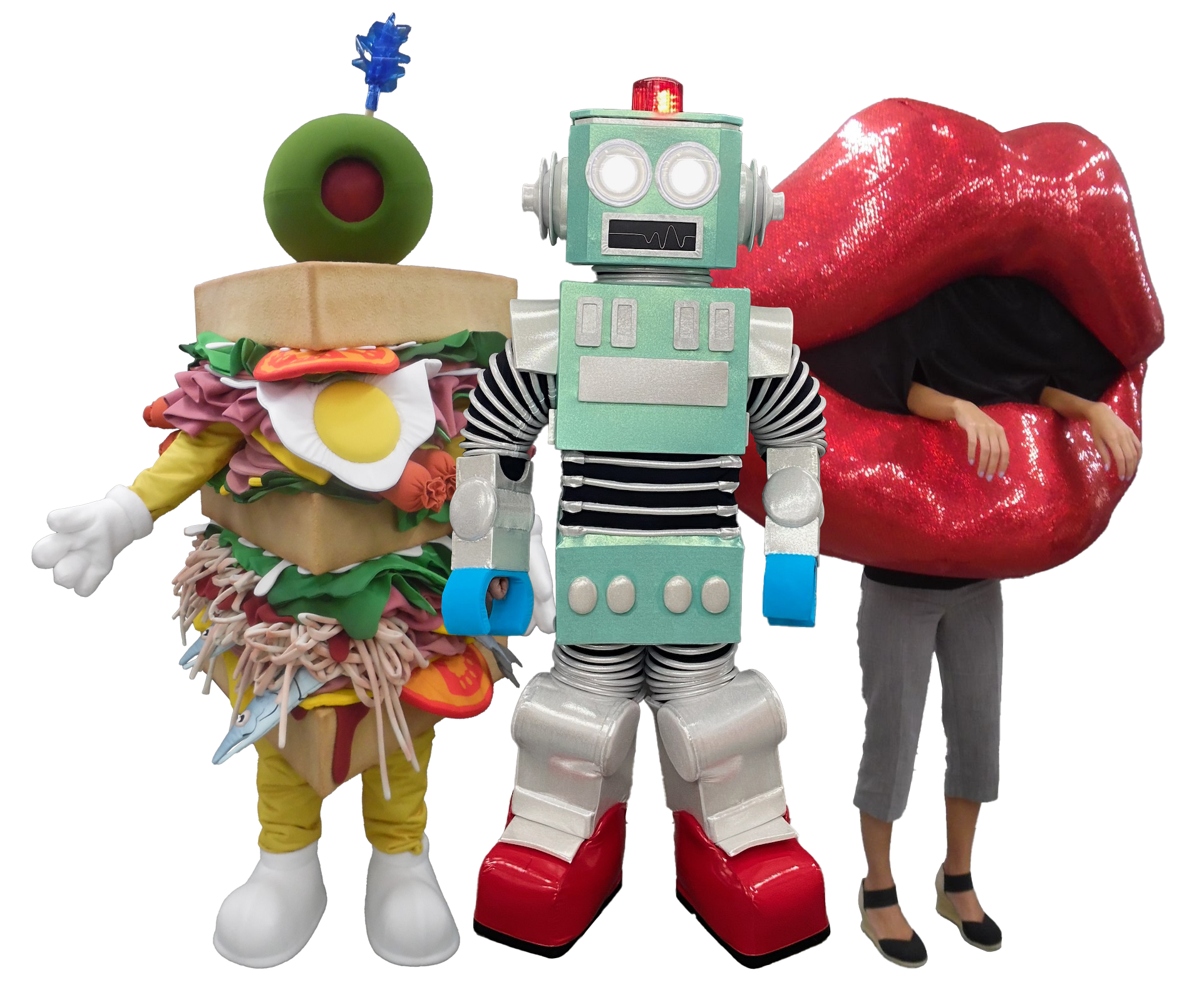 Three different masked singer mascots. A Sandwich, a robot, and a pair of lips.