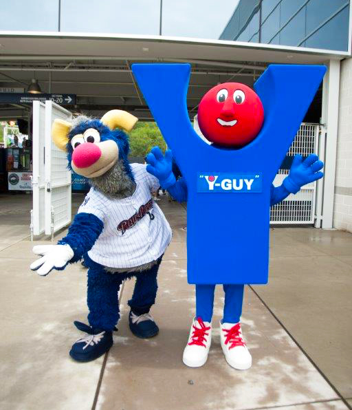 A standard mascot and a foam mascot (Dempsey Y Guy) posing for a photo together.
