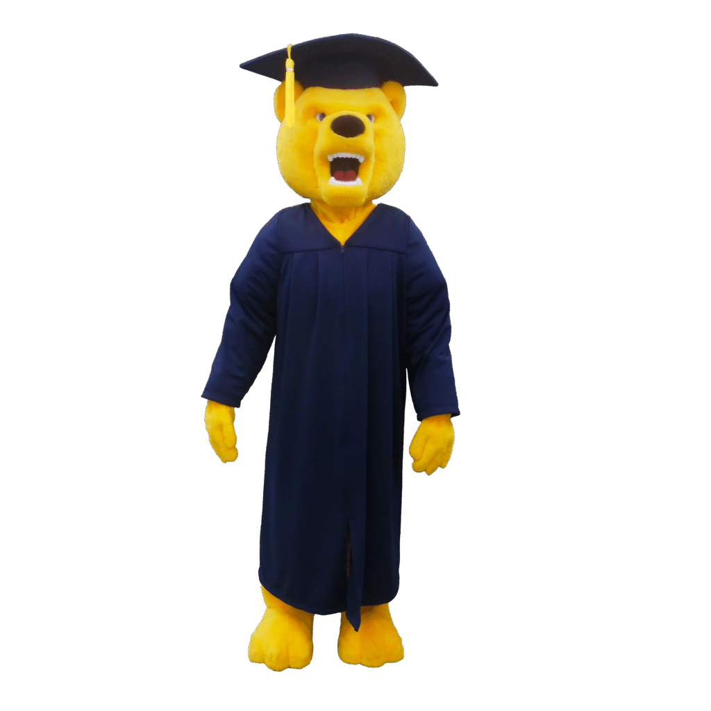 Yellow Bear Mascot wearing a blue graduation cap and gown.