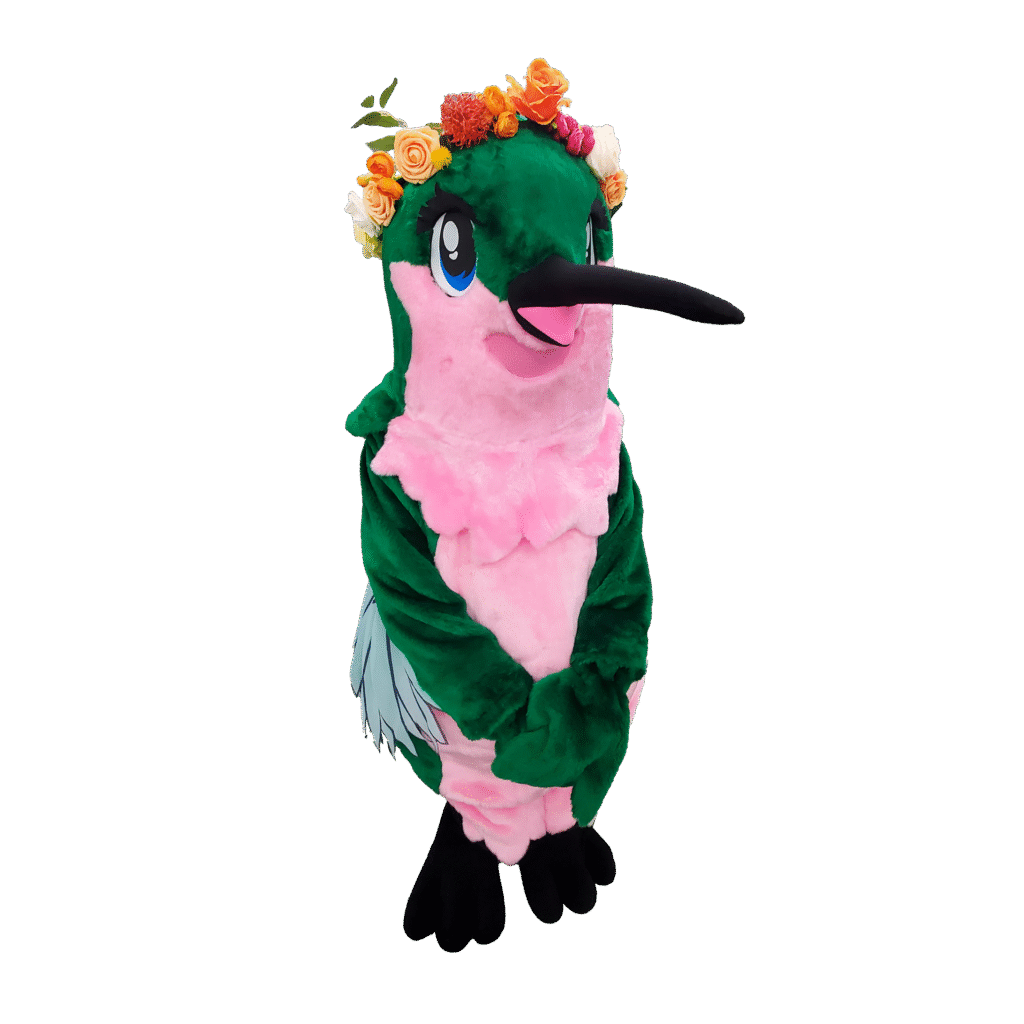 Hummingbird Mascot from Omni Hotel wearing a flower crown.
