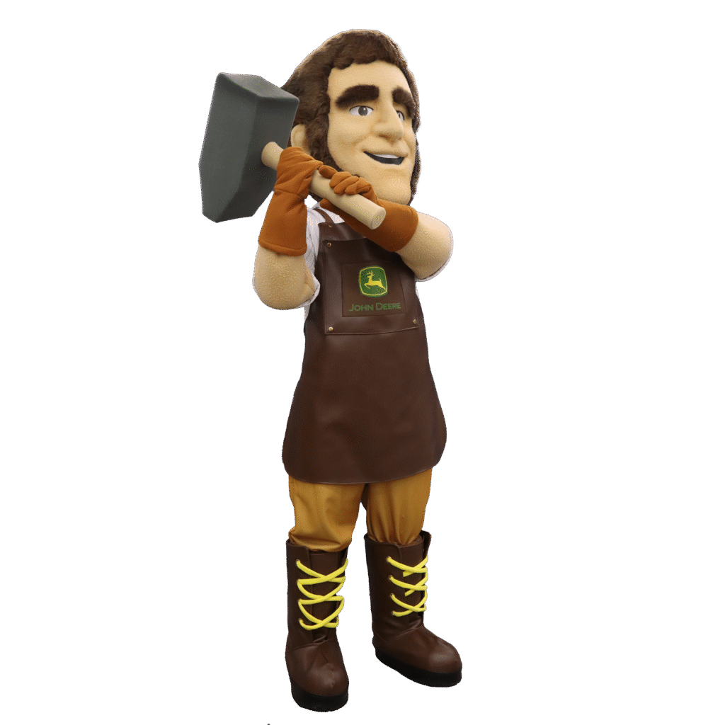 John Deere Mascot holding a big hammer over his right shoulder.