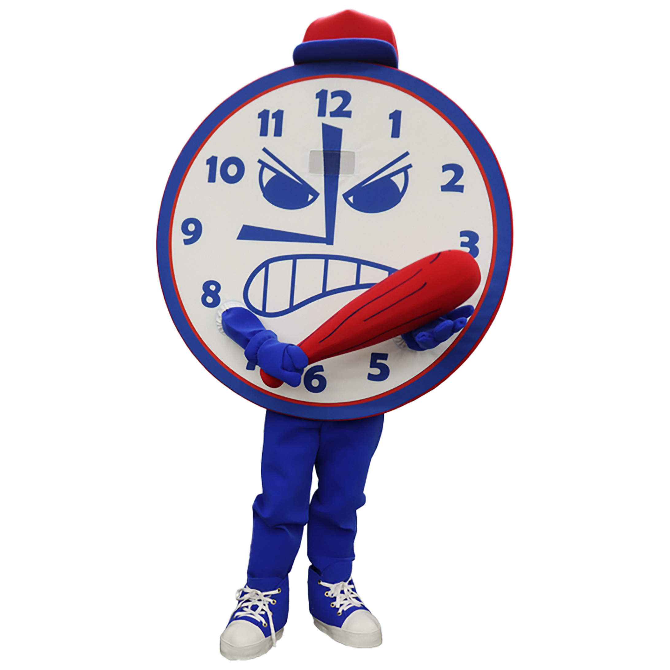 Lexington Counter Clock holding a red baseball bat in his right hand and hitting it in his left hand.