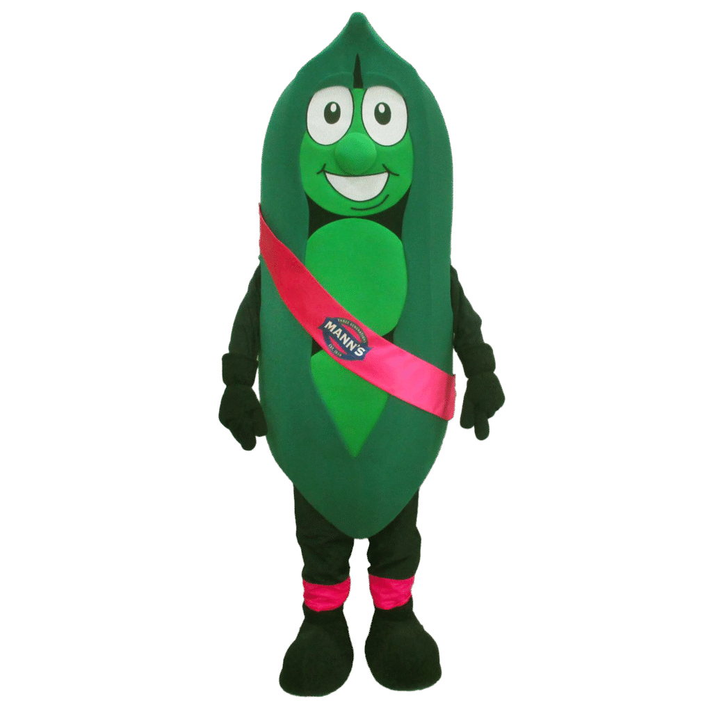 Pea Pod Mascot for Mann's wearing a pink sash that has the Mann's logo printed on.