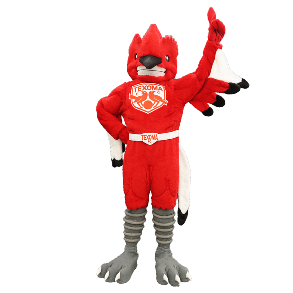Tailed Flycatcher Mascot for Texoma holding up his left hand with his finger pointed in the air.