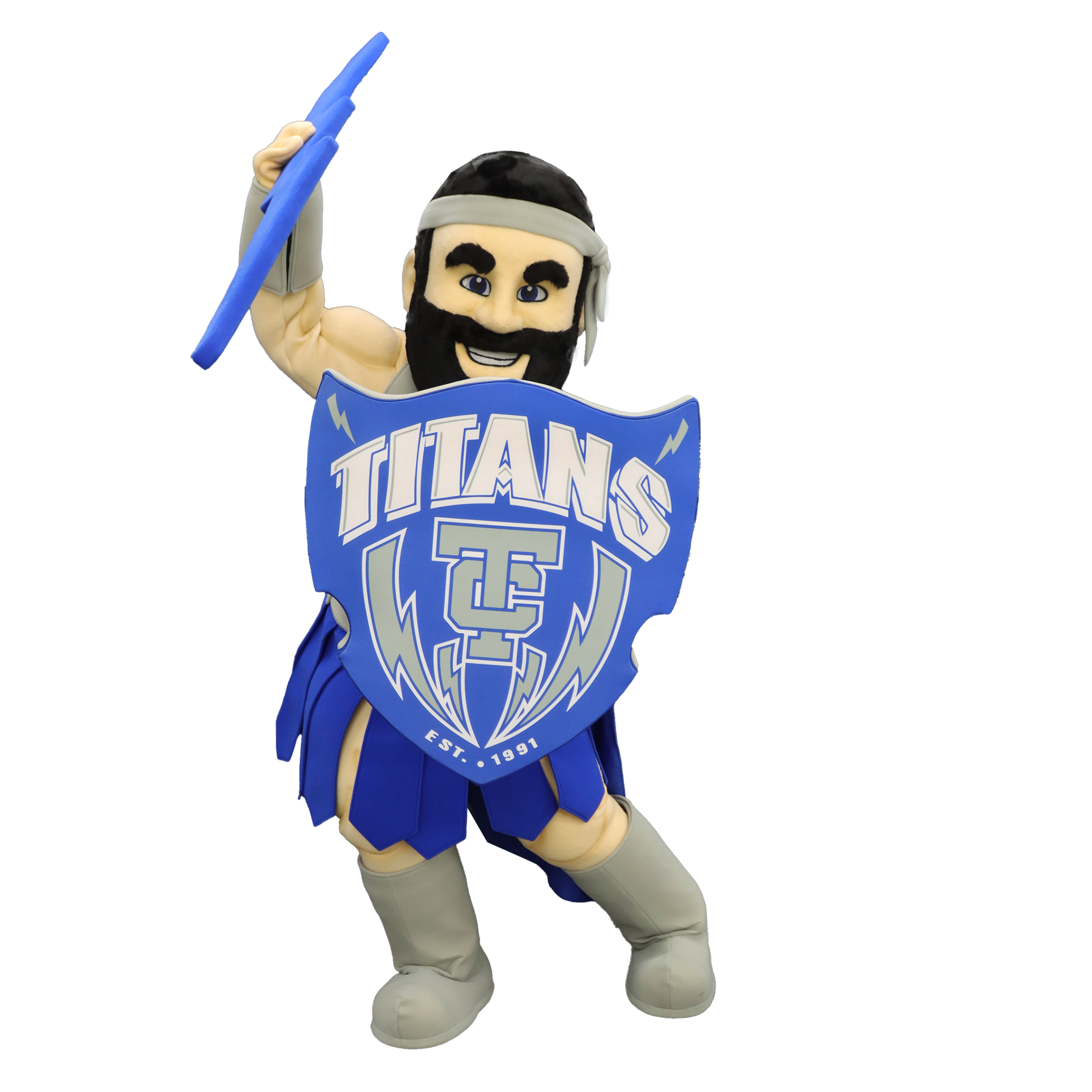 Titan Temescal posing with his right hand in the air with a blue lightning bolt and a shield that says "Titans" in his left hand.
