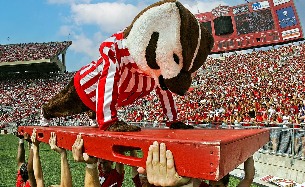 Bucky Badger doing pushups at a UW-Madison Football Game