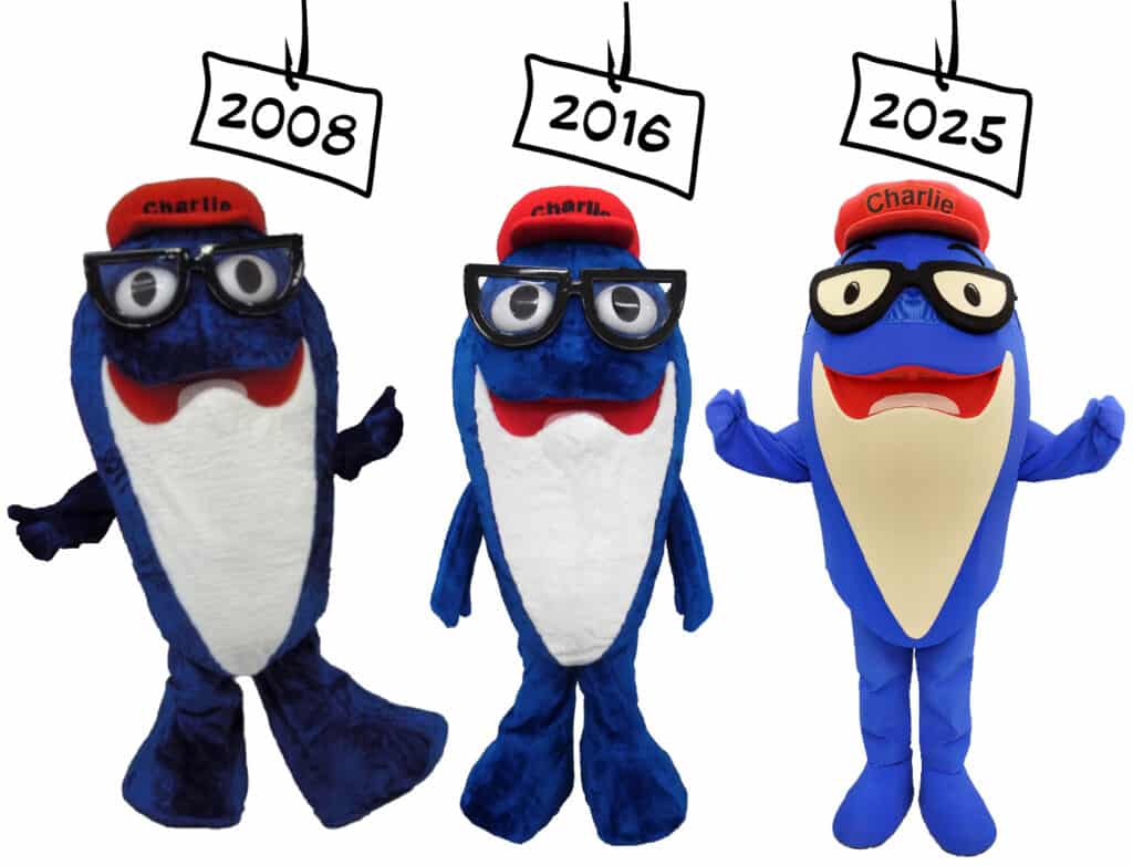 Charlie Tuna Mascots. Far left was made in 2008, middle was made in 2016, and right was made in 2025