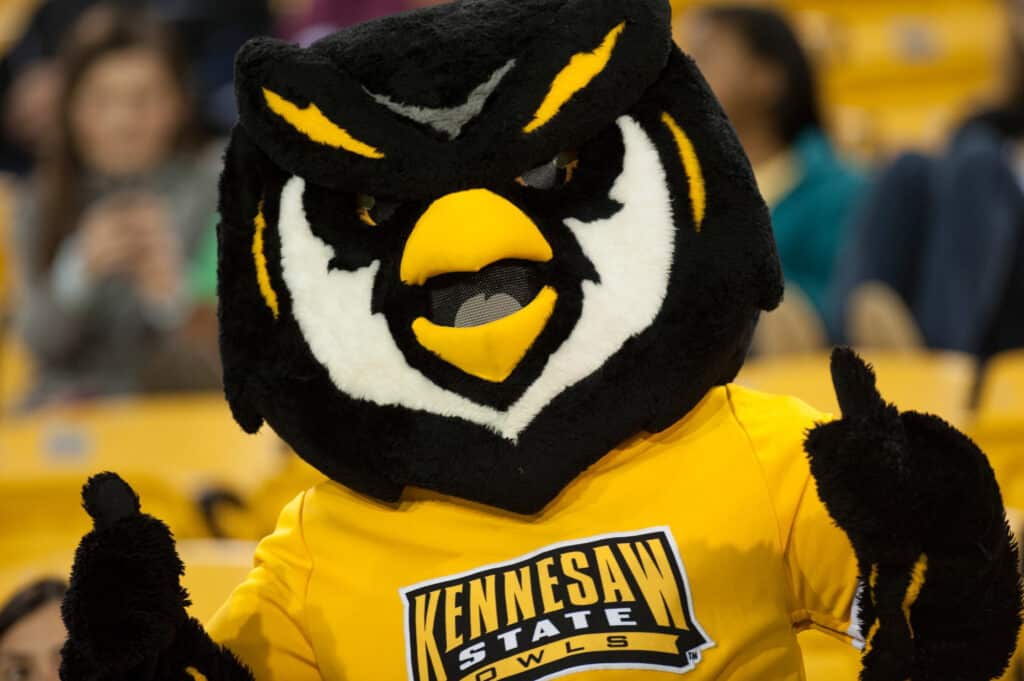 KSU's Scrappy giving his team a thumbs up at a soccer game.