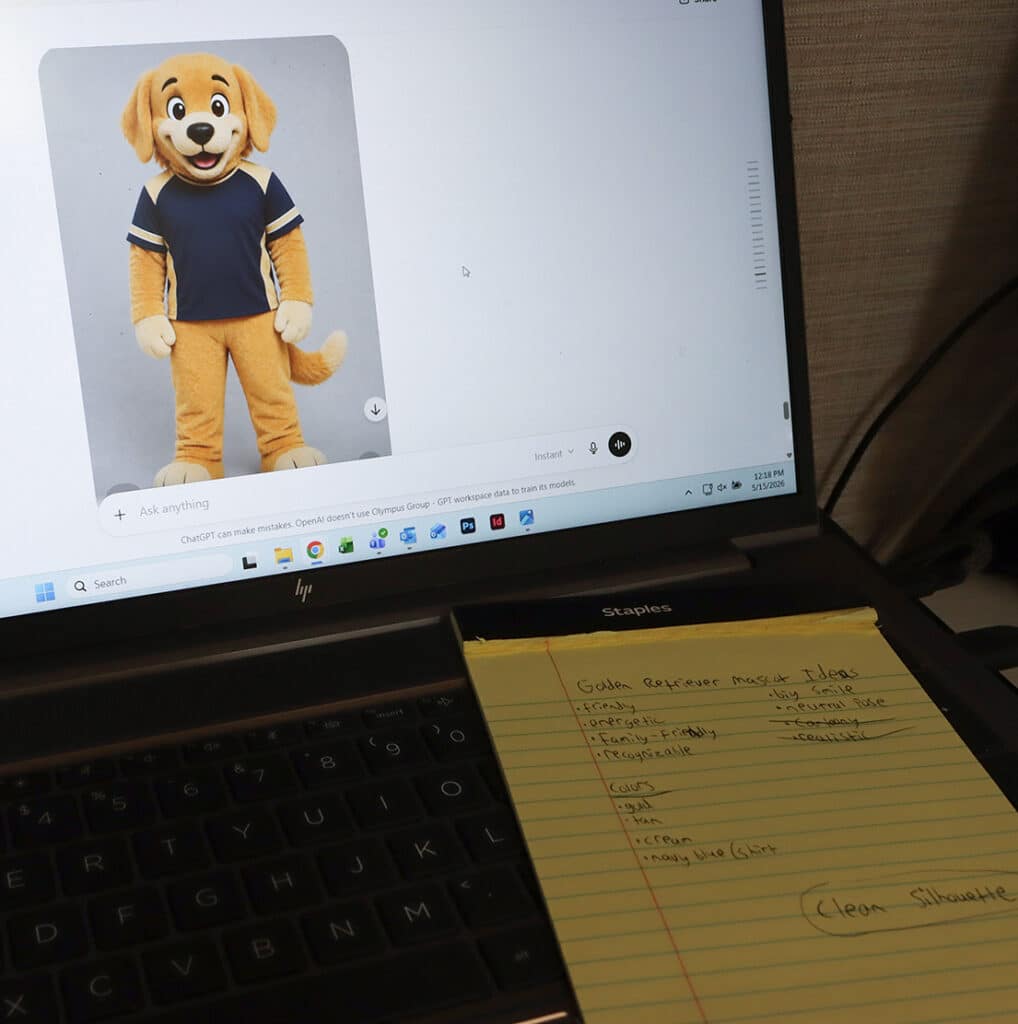 A notepad refining an AI prompt with a golden retriever mascot on-screen.