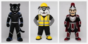 Three AI generated mascots: a panther, a construction bulldog, and a warrior.